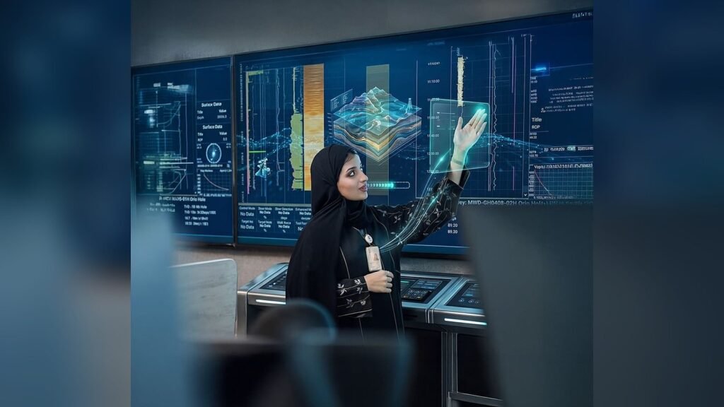 امرأة ترتدي ملابس سوداء تتفاعل مع عروض بيانية ثلاثية الأبعاد