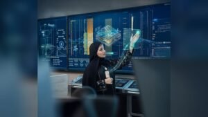 Femme en vêtements noirs interagissant avec des visualisations de données holographiques