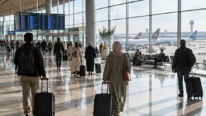 Voyageurs marchant dans un hall d'aéroport marocain près des portes d'embarquement