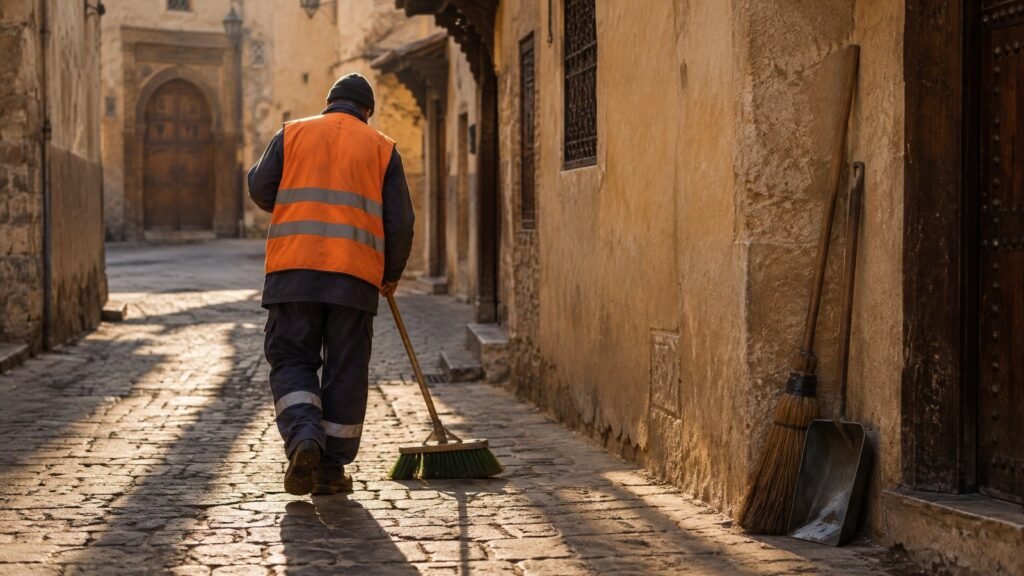 A sanitation worker sweeps a street in Fez's old medina
