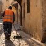 A sanitation worker sweeps a street in Fez's old medina