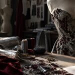Haute couture atelier with shimmering metallic fabric and hand embroidery
