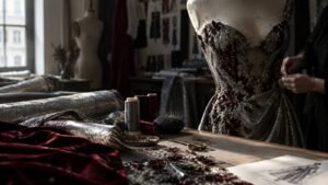 Haute couture atelier with shimmering metallic fabric and hand embroidery