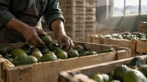 Hands sorting Moroccan avocados into export crates at a packing warehouse