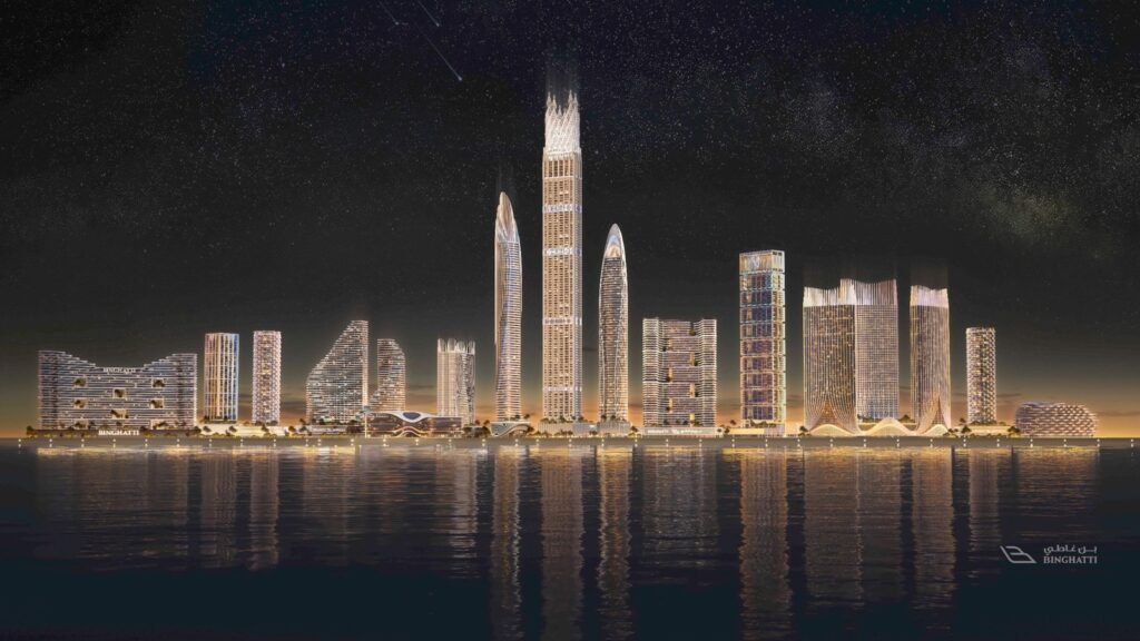 Projet Binghatti - tours modernes illuminées avec reflets sur l'eau
