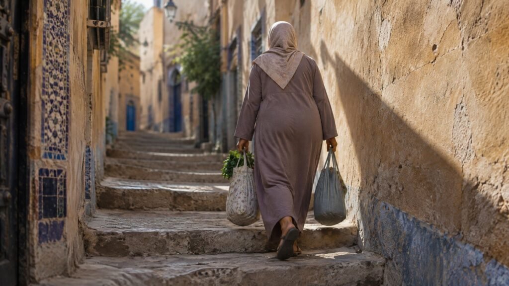Femme marocaine montant des marches d'une ruelle avec des sacs de courses
