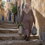 Mujer marroquí subiendo escalones de un callejón con bolsas de compras