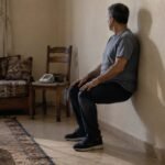 Un homme fait un squat mural dans un salon marocain modeste