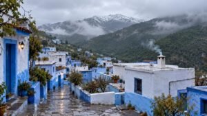 Rue étroite avec des maisons bleues à Chefchaouen et montagnes nuageuses au loin