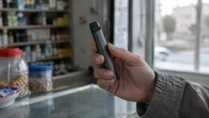 Mano sosteniendo un cigarrillo electrónico sin marca en una tienda marroquí