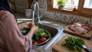 Hands washing vegetables beside a separate board with raw chicken in a kitchen