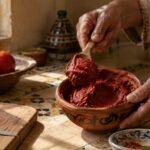Des mains préparant de la pâte de tomate fraîche dans une cuisine marocaine