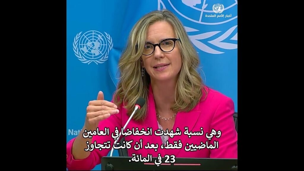 穿粉红夹克的女性在联合国讲台上发言