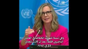 穿粉红夹克的女性在联合国讲台上发言