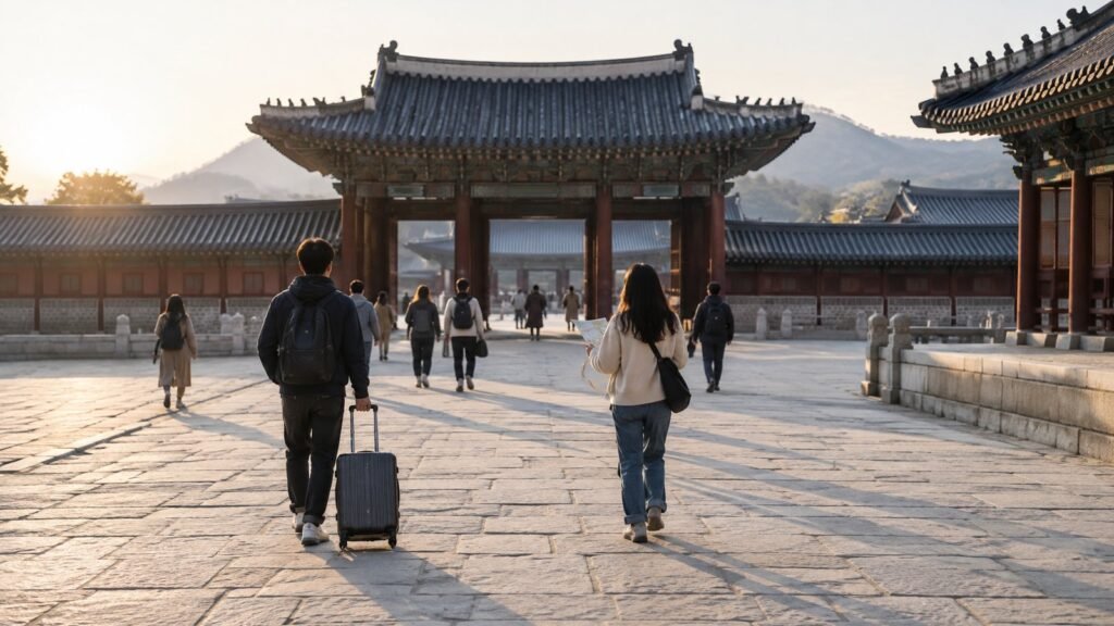 Tourists walking through courtyard of traditional Korean palace at dawn