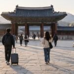 Touristes marchant dans la cour d'un palais coréen traditionnel