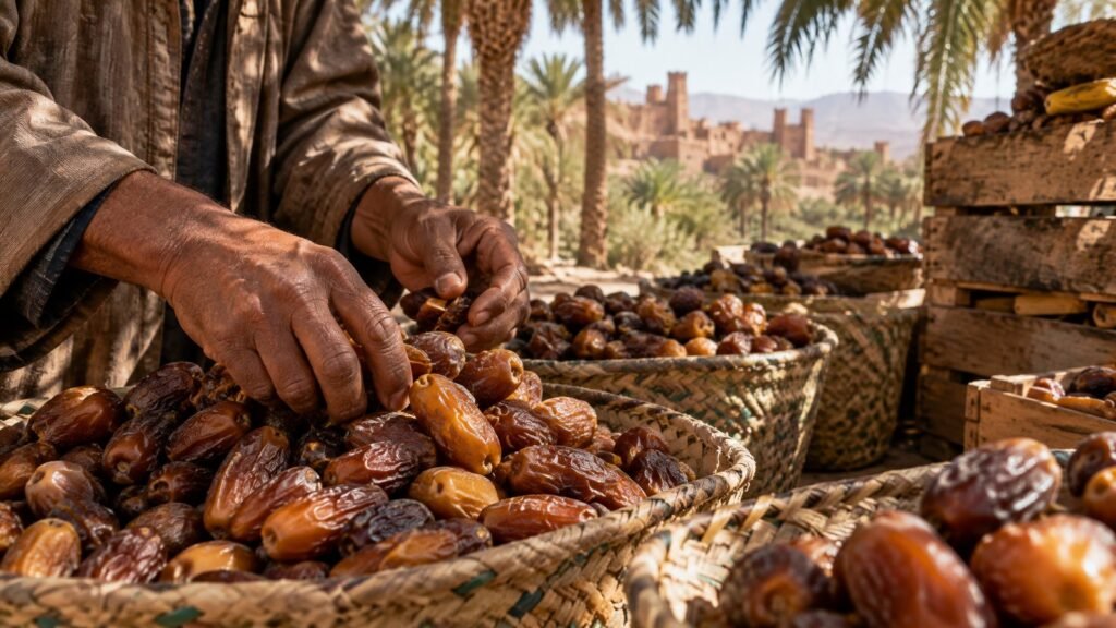 Mains triant des dattes Mejhoul dans une oasis marocaine du Tafilalet