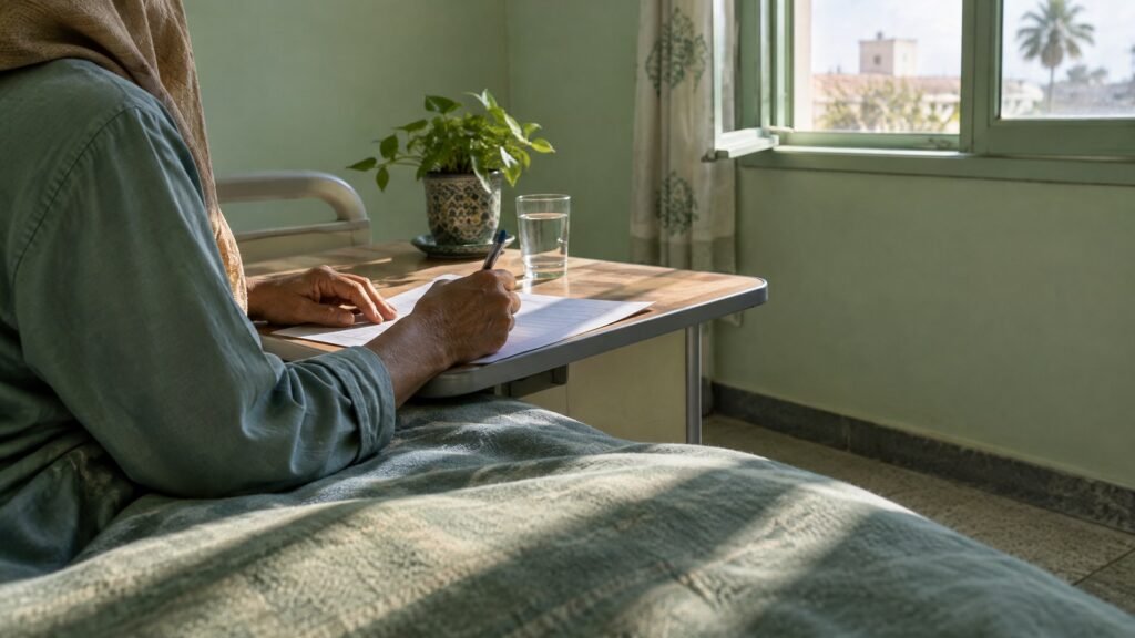 Un patient remplit un questionnaire près d'une fenêtre baignée de lumière