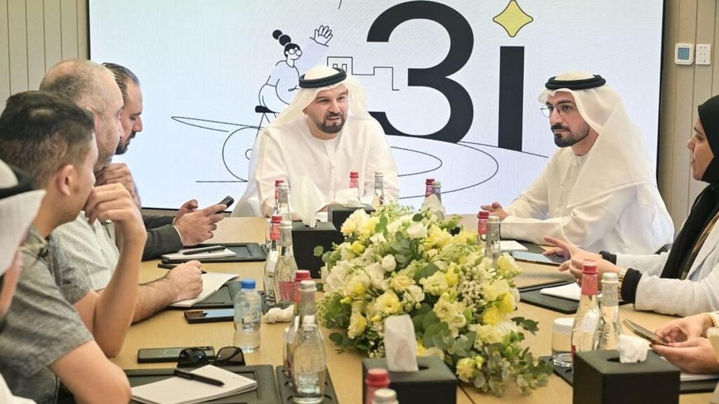 Executives in meeting discussing credit scoring system launch with presentation backdrop