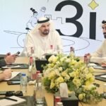 Executives in meeting discussing credit scoring system launch with presentation backdrop