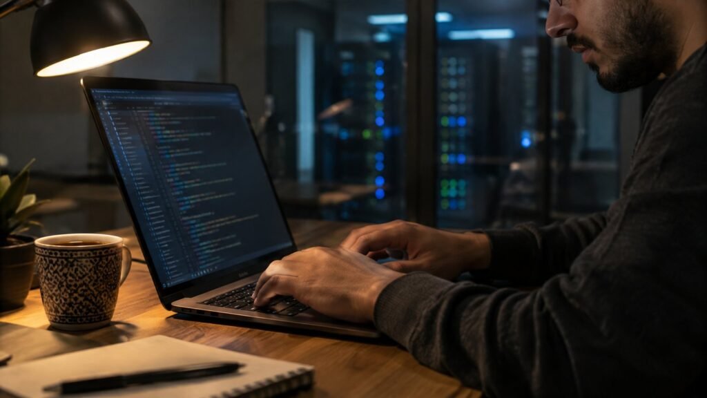Hands typing on a computer keyboard in a dim technical office