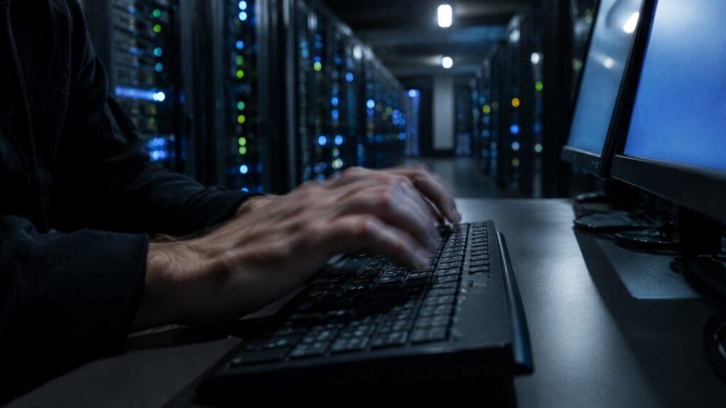 Hands typing on a keyboard in a dim server room