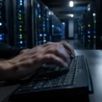 Hands typing on a keyboard in a dim server room