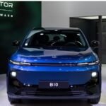 Blue Leapmotor B10 electric car on display with company branding