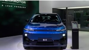 Blue Leapmotor B10 electric car on display with company branding