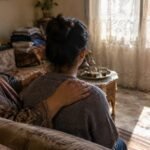 Una madre apoya su mano en el hombro de su adolescente en casa