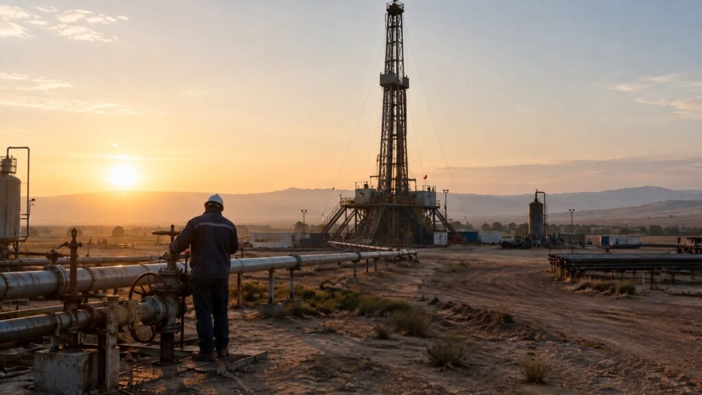 Site d'exploration pétrolière marocain à l'aube avec un ouvrier