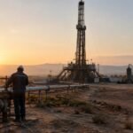 Moroccan oil exploration site at dawn with a worker