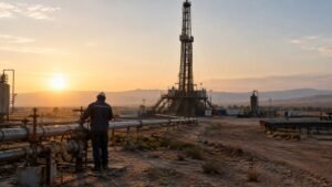 Site d'exploration pétrolière marocain à l'aube avec un ouvrier