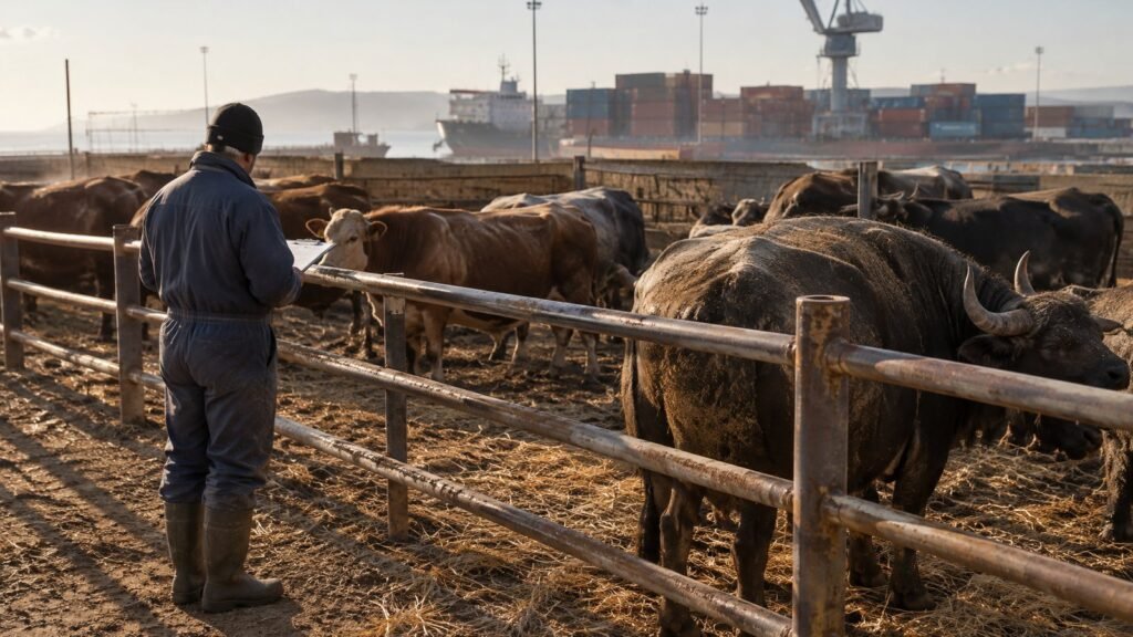 Bétail et buffles dans un enclos portuaire marocain près des camions