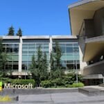 Microsoft's Building 92 visitor center and company logo on its Redmond campus