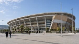 Exterior view of a modern Moroccan football stadium in daylight