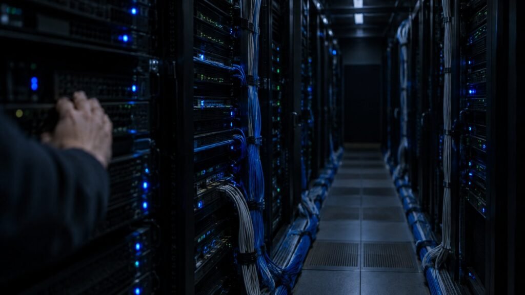 غرفة خوادم مظلمة تظهر أسلاك الشبكة والخوادم المكدسة
