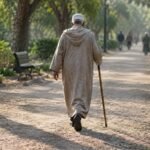 Elderly man walking briskly through a sunlit park path