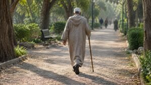Elderly man walking briskly through a sunlit park path