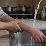 يدان تبرّدان ذراعًا بالماء البارد في مطبخ منزلي