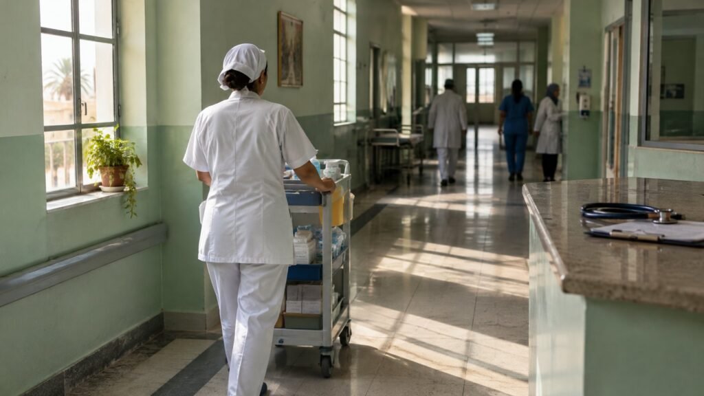 A nurse pushes a medical cart through a Moroccan hospital corridor