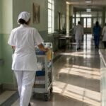 A nurse pushes a medical cart through a Moroccan hospital corridor