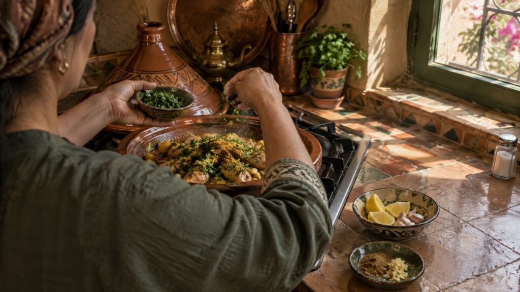 Manos añadiendo hierbas y especias a un plato en vez de sal
