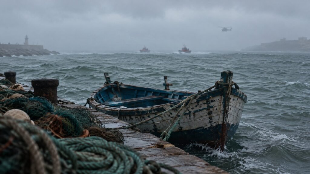 Traditional fishing boat moored at Safi port amid rough seas