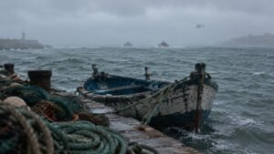 Bateau de pêche traditionnel amarré au port de Safi, mer agitée