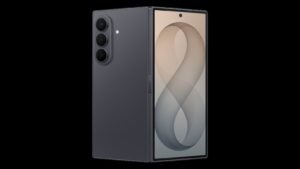 Teléfono plegable Samsung con cuerpo gris y patrón de cadena blanca