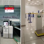 Self bag drop facilities at Moroccan airports with bilingual signage
