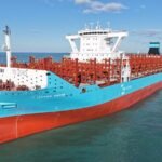 Porte-conteneurs bleu et rouge chargé de conteneurs en mer